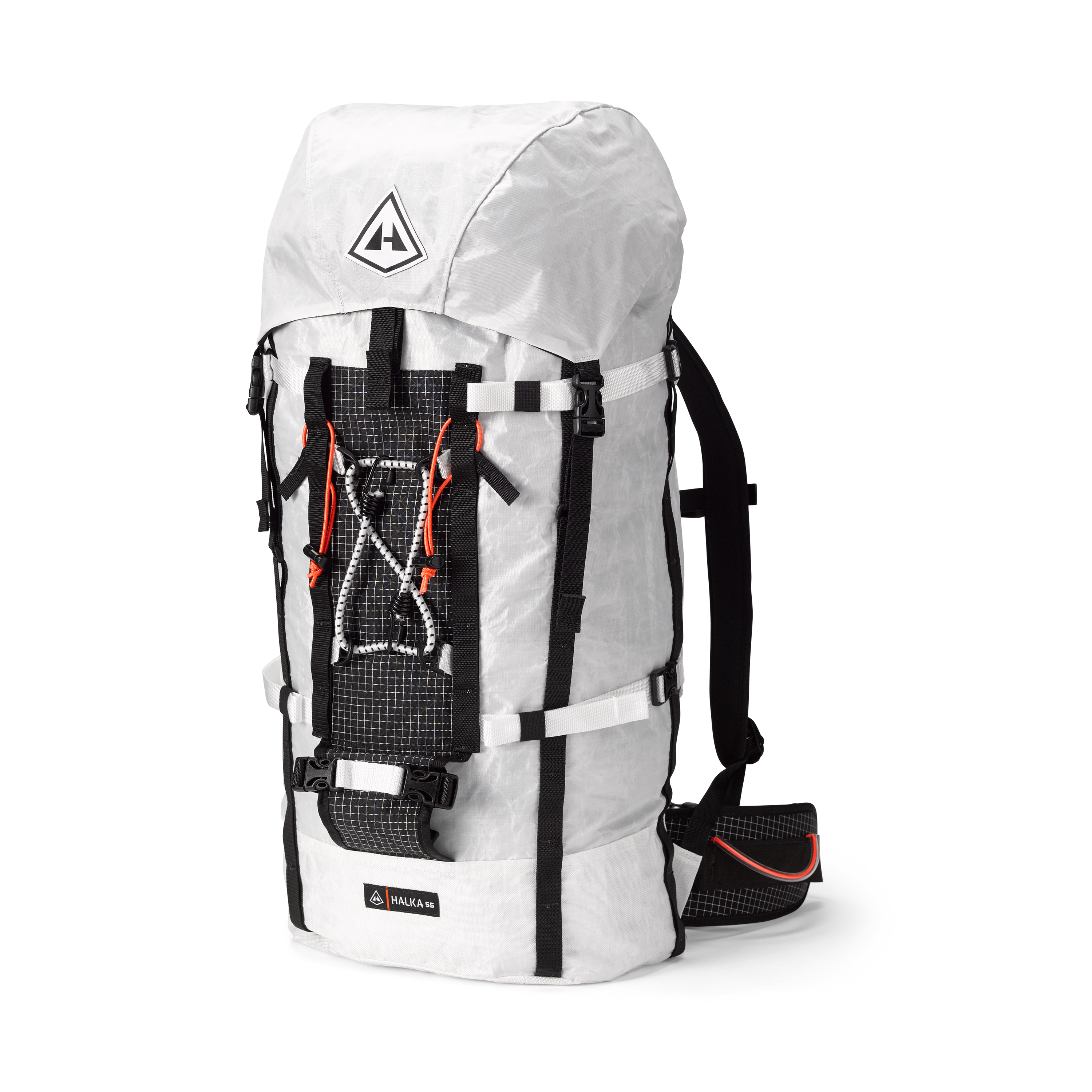 A white backpack with black straps on it.
