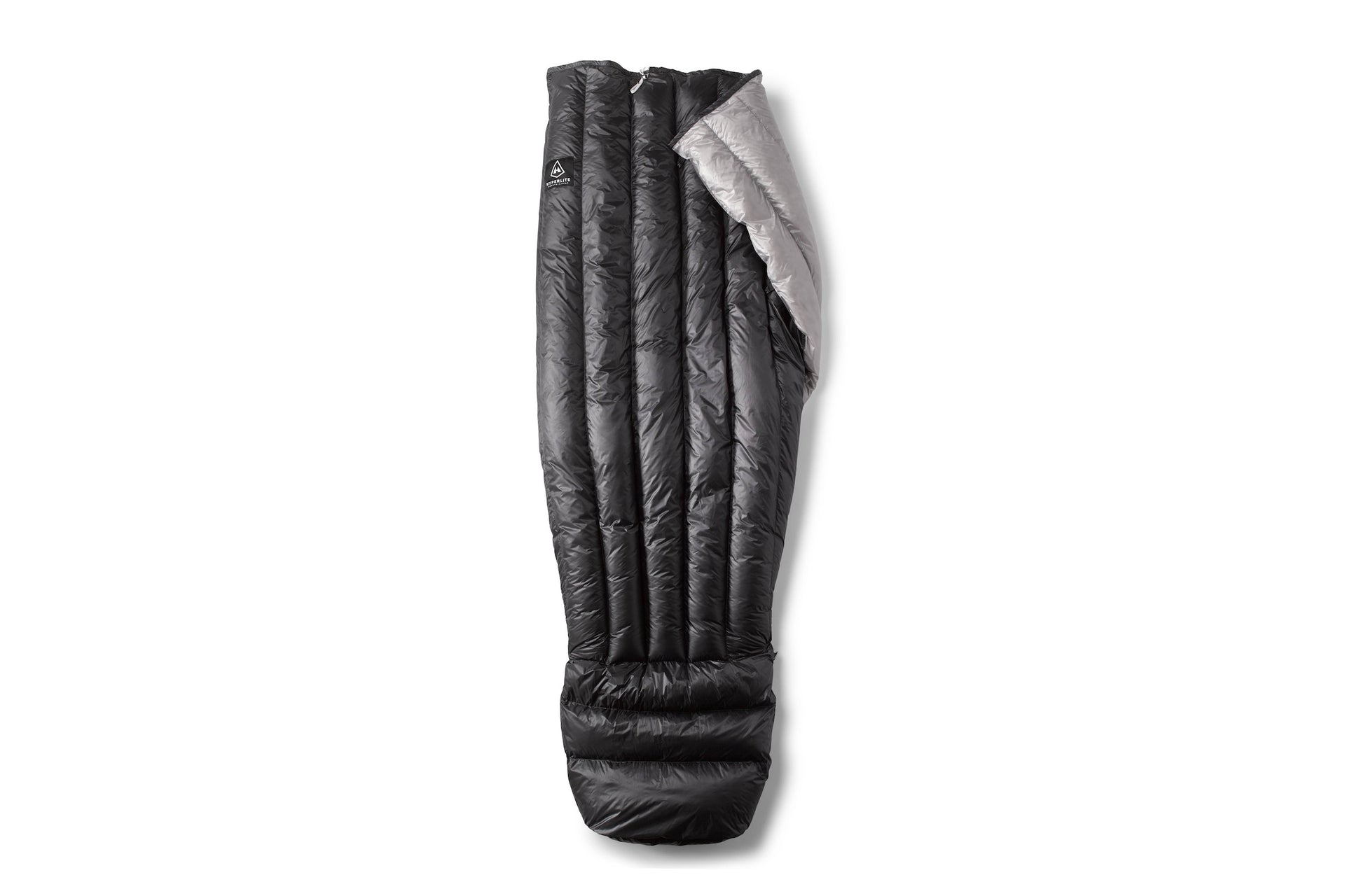 A black sleeping bag on a white background.