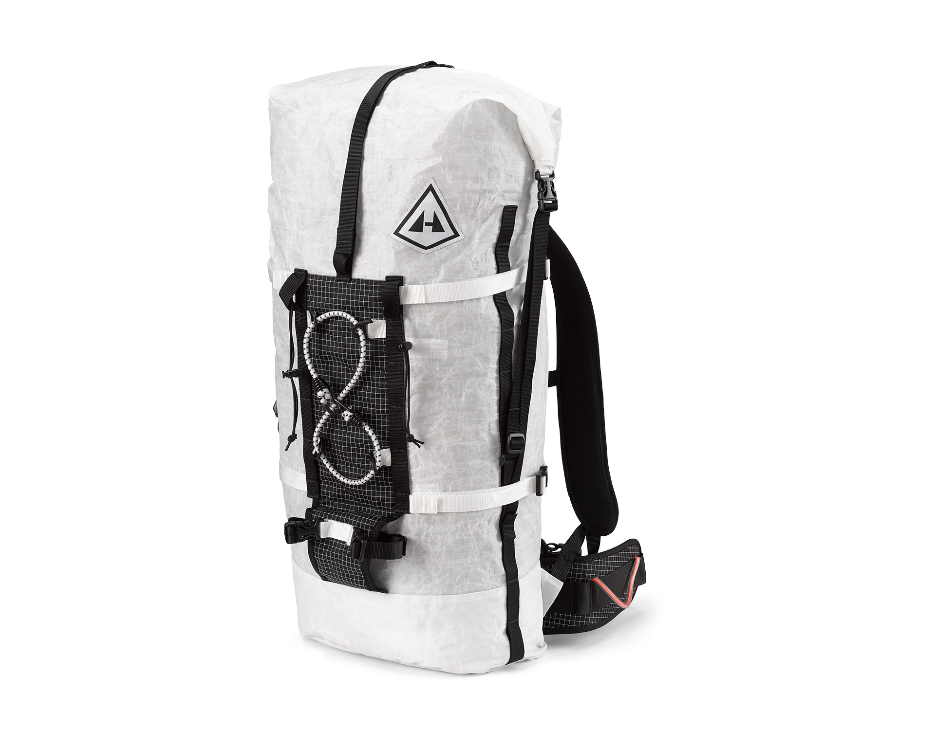A white backpack with a strap attached to it.