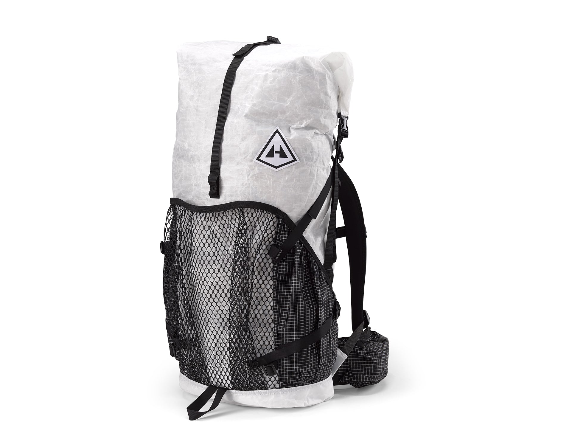 A white and black backpack on a white background.