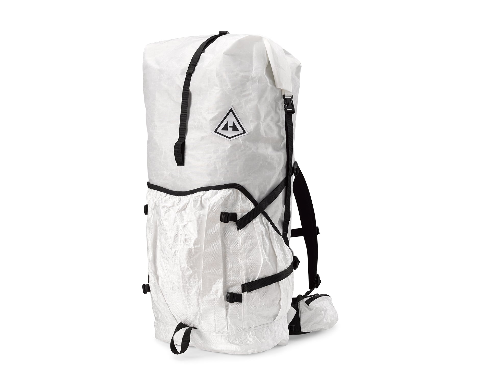 A white backpack with black straps.