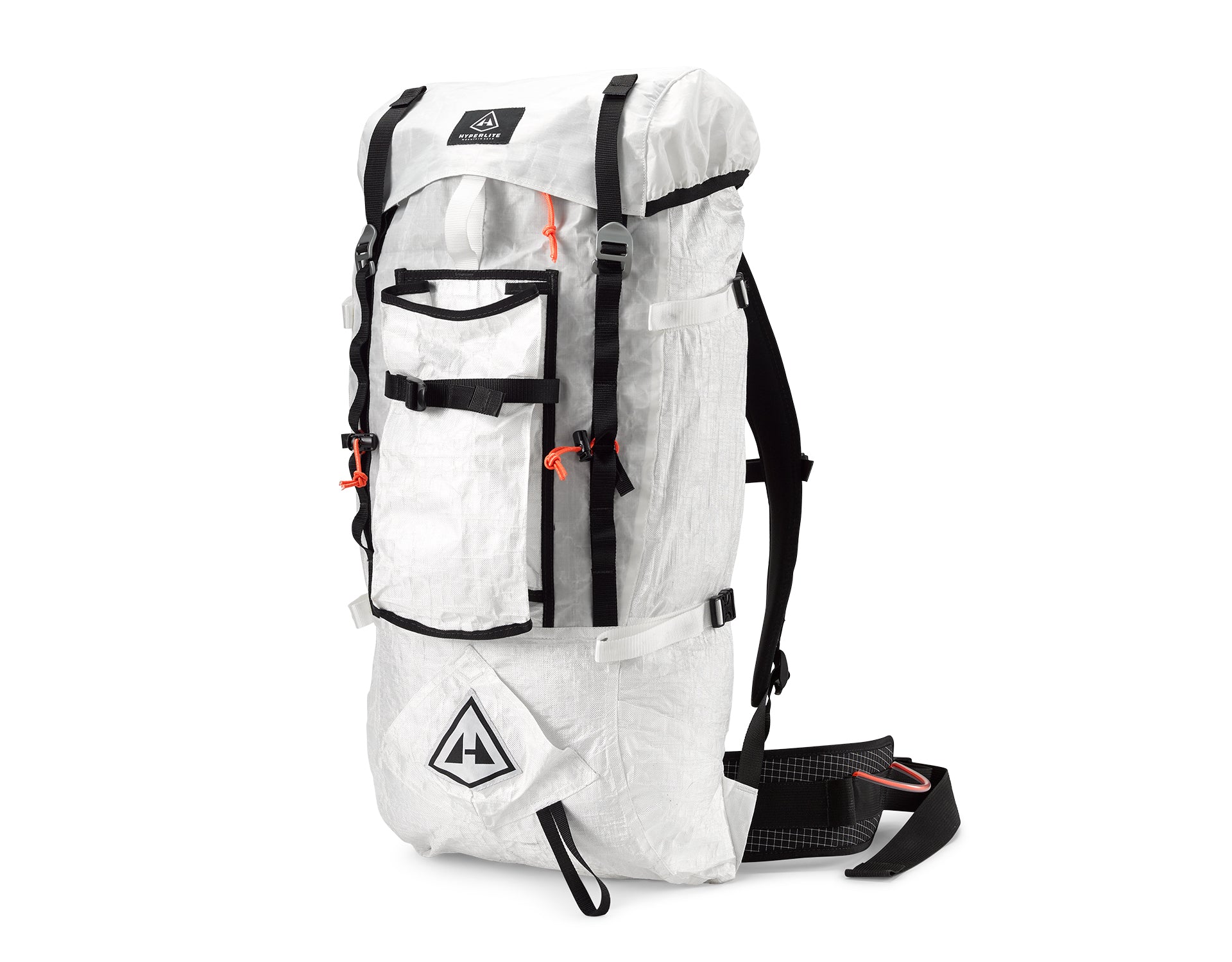 A white backpack with black straps on it.