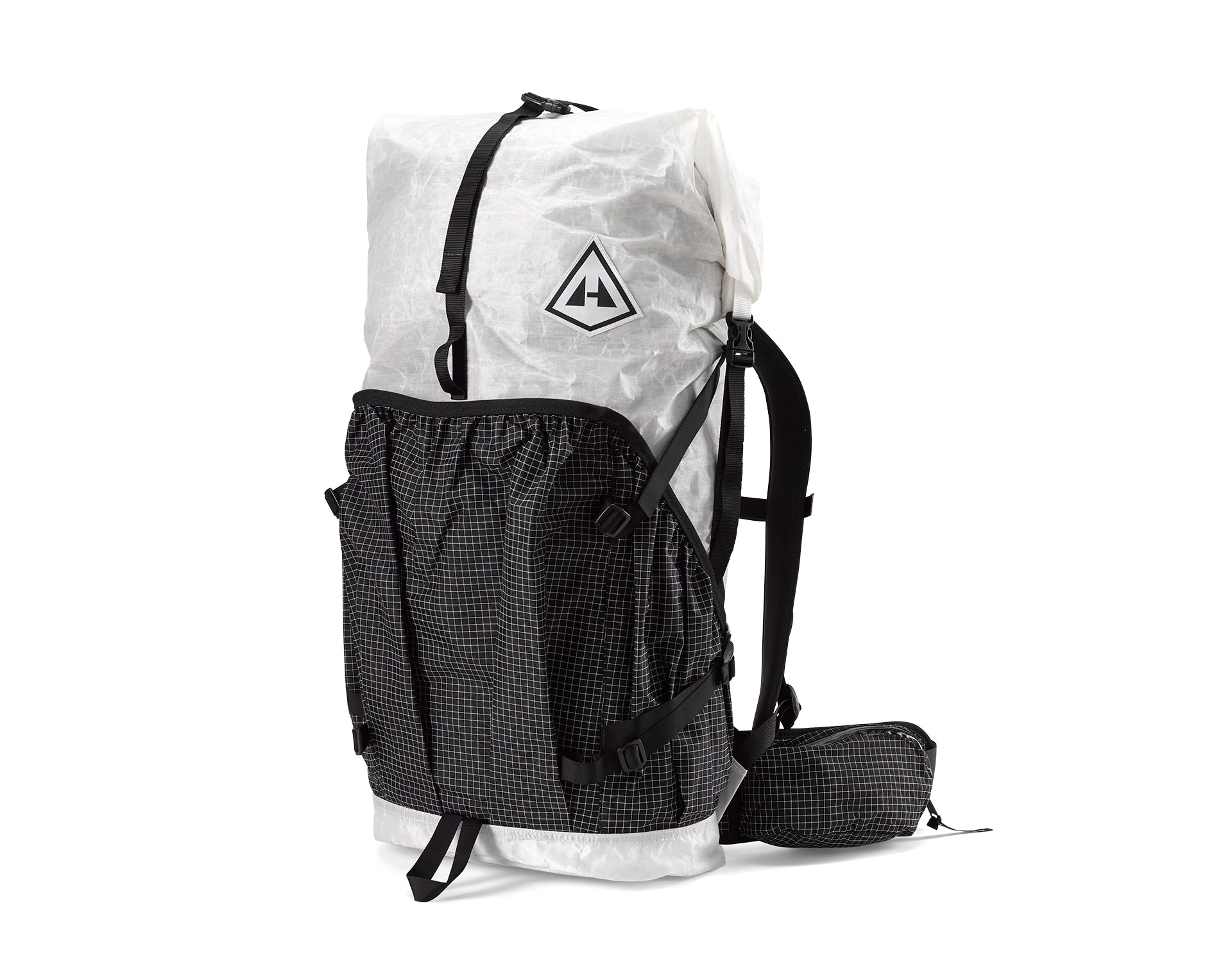 A white backpack with a black strap.