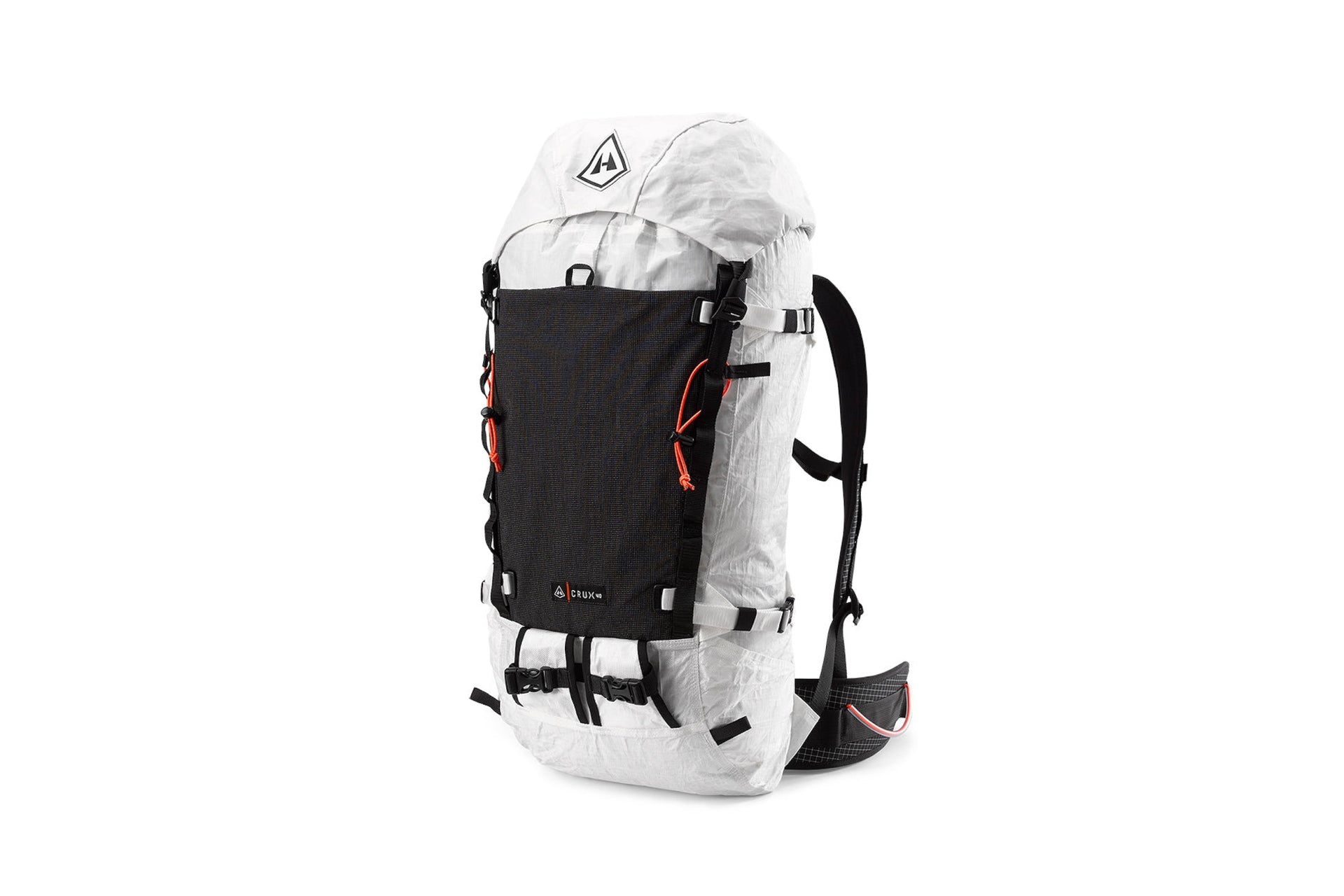 A white and orange backpack on a white background.