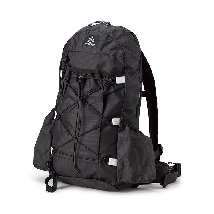 A black backpack on a white background.