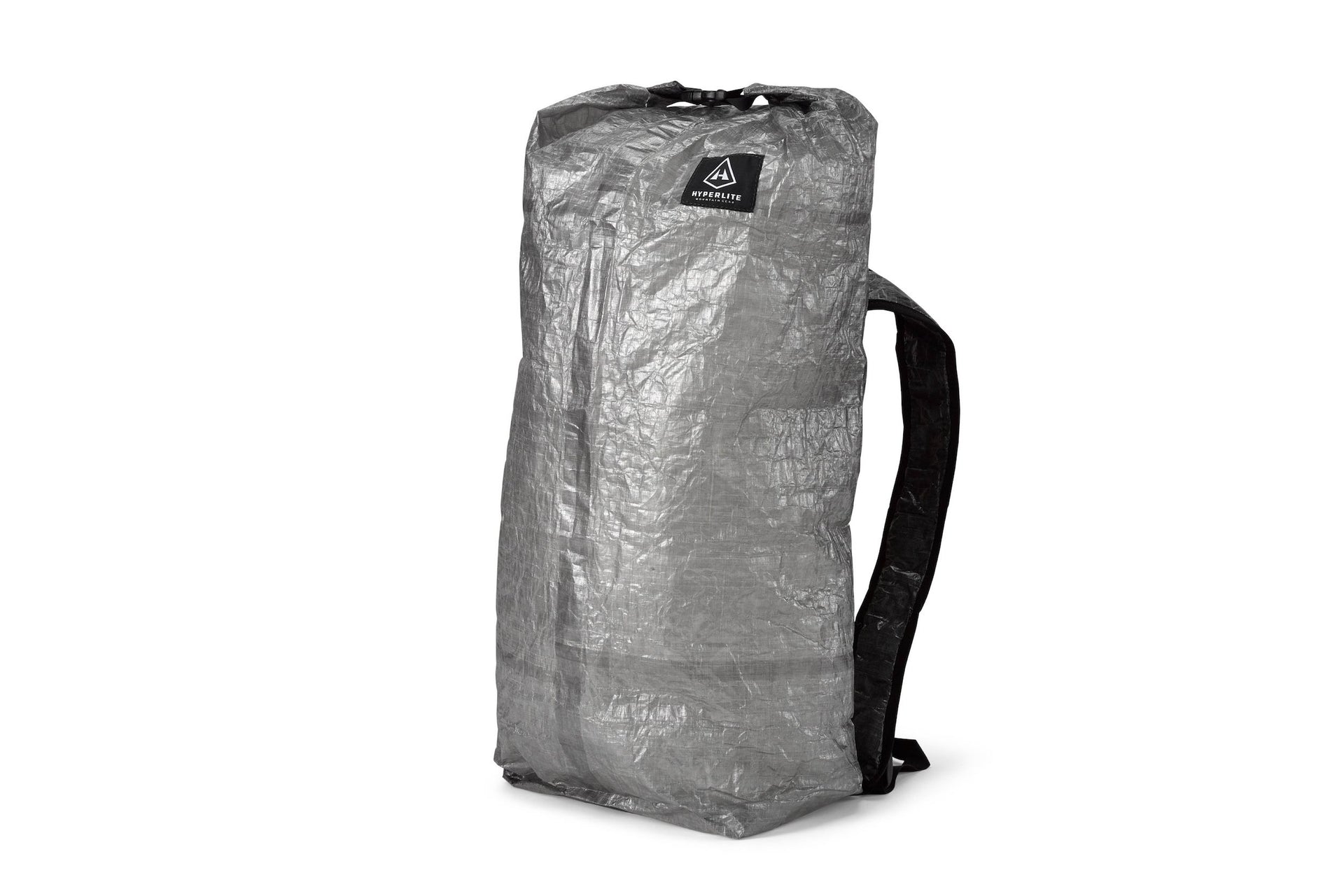 A silver backpack on a white background.