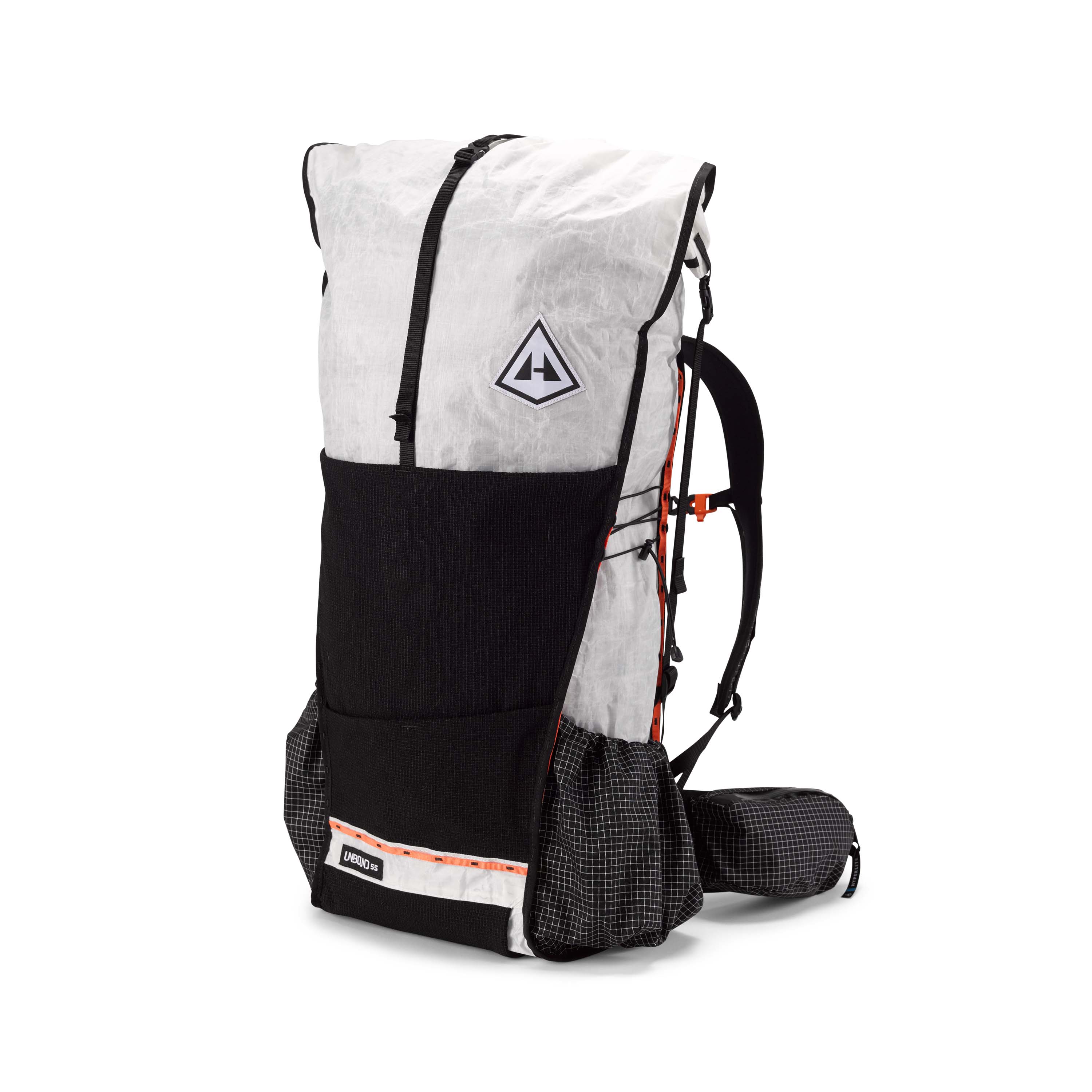 A white backpack with black and orange straps.