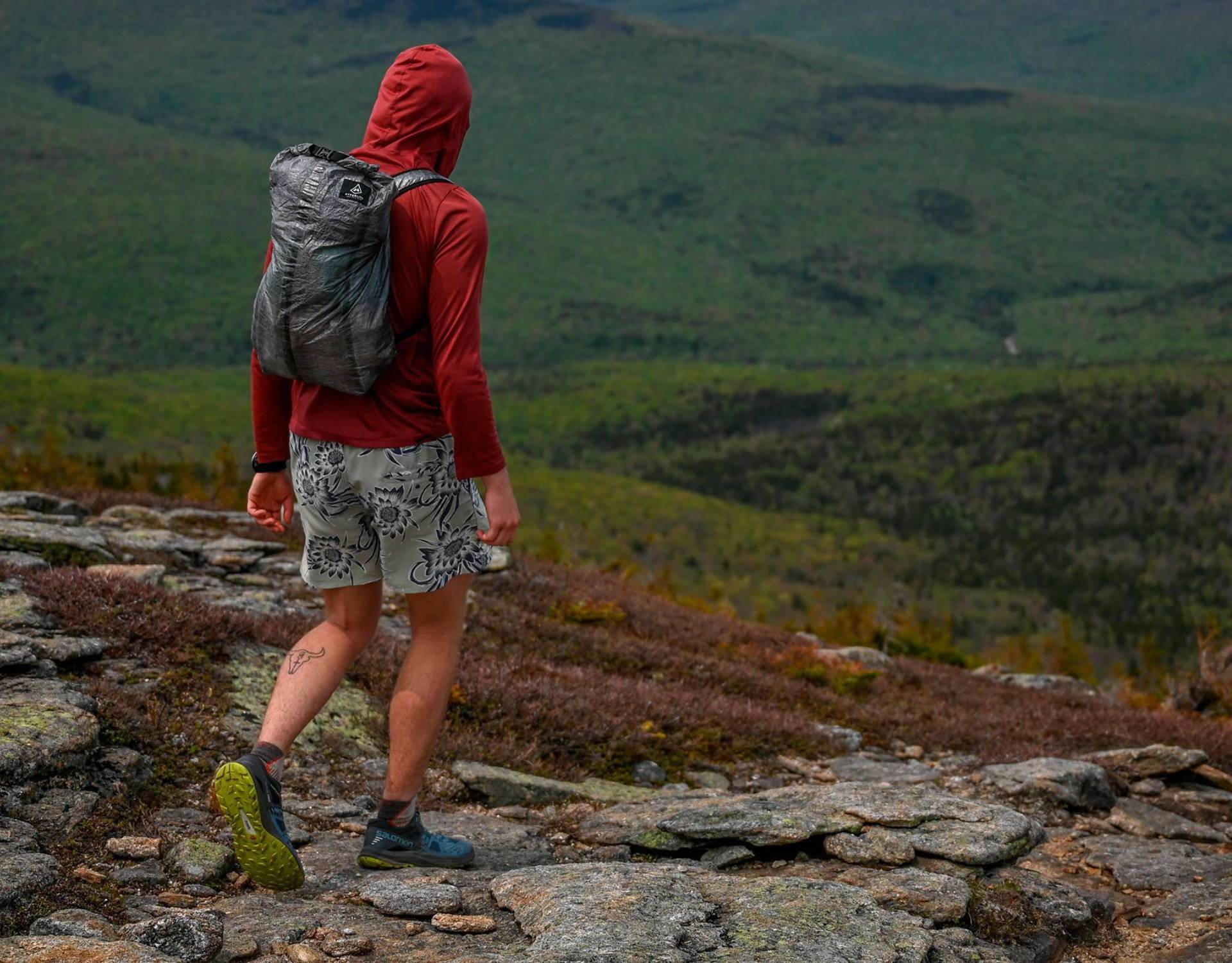 A man hiking in the mountains with a backpack.