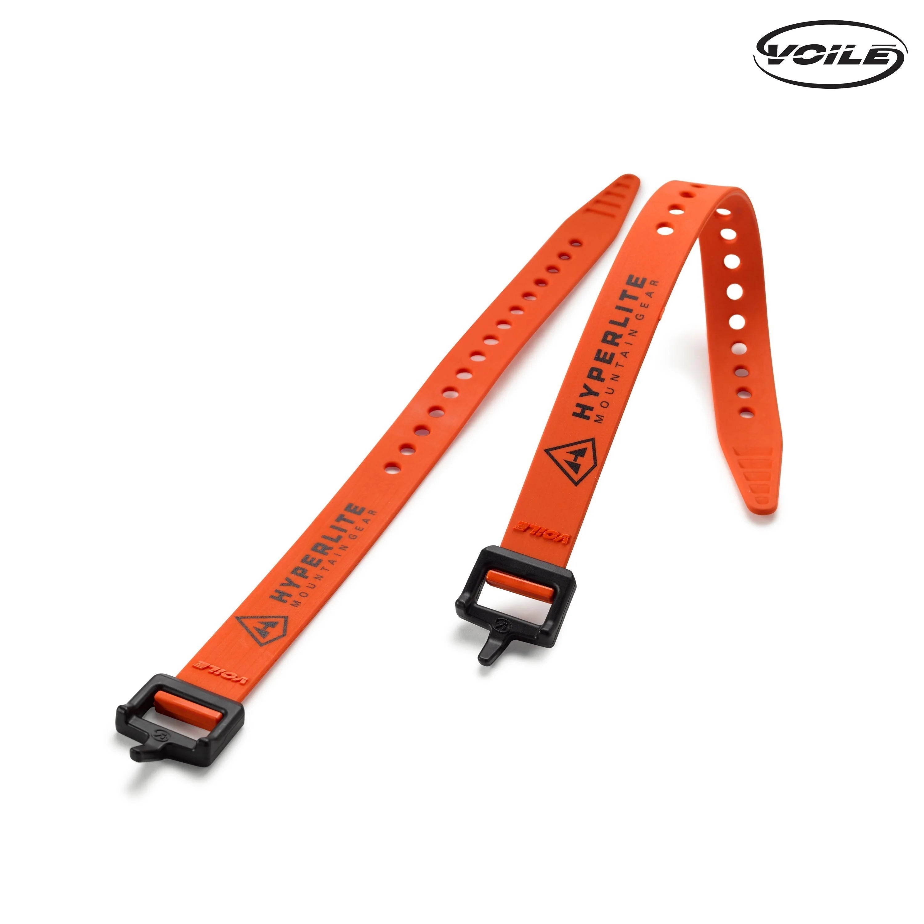 A pair of orange and black straps on a white background.