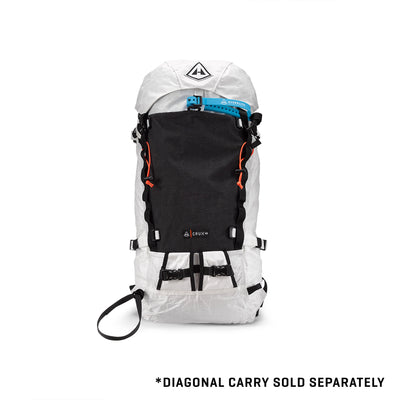 Front view of the Hyperlite Mountain Gear Crux 40 with the diagonal carry kit attached, sold seperately