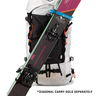 Skis attached to the Hyperlite Mountain Gear using the diagonal carry method