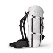 Alternate side view of the Hyperlite Mountain Gear Halka 55 showing the Dual Ice Axe Pick Pocket & Figure-8 Crampon Bungee
