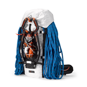 Fully packed up Hyperlite Mountain Gear Halka 55 with ice tools, crampons, and a rope