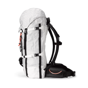 Side view of the Hyperlite Mountain Gear Halka 55 showing the Dual Ice Axe Pick Pocket & Figure-8 Crampon Bungee