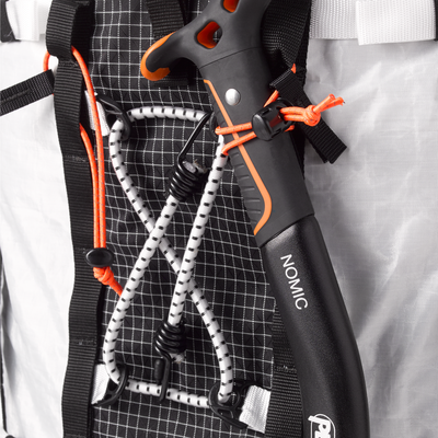 Close up view of the Halka 70 showing the Dual Ice Axe Pick Pocket & Figure-8 Crampon Bungee, by Hyperlite Mountain gear