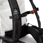 Detail shot of the chest strap and buckle on Hyperlite Mountain Gear's Junction 55 Pack in White