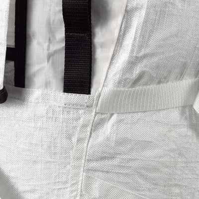 Detail shot of the exterior seams on Hyperlite Mountain Gear's Prism 40 Pack in White