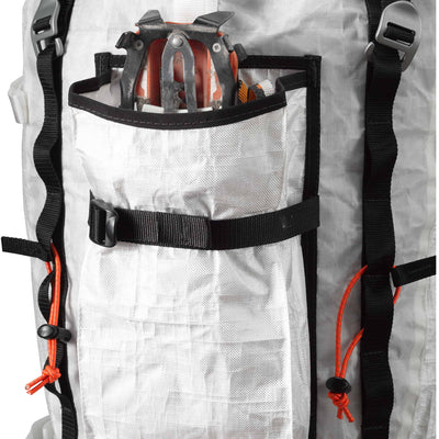 Side sleeve pocket and buckle on Hyperlite Mountain Gear's Prism 40 Pack in White