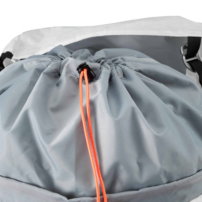 Detail shot of the drawstring closure system with extendable collar and cinch cord on Hyperlite Mountain Gear's Prism 40 Pack in White