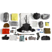 Overhead view of the Hyperlite Mountain Gear Waypoint 35 unpacked with gear laid out around it