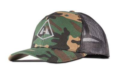 Left side view of Hyperlite Mountain Gear's Trucker Hat in Camoflauge and Black