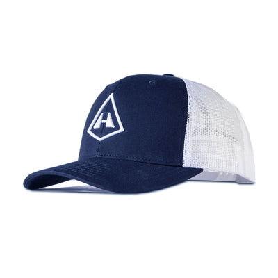 Left side view of Hyperlite Mountain Gear's Trucker Hat in Navy and White