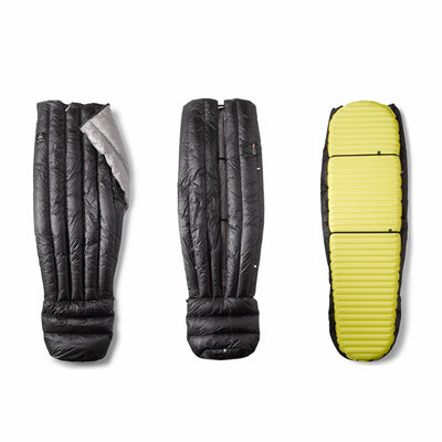 An image of three Hyperlite Mountain Gear 40 Degree Quilts, two showing each side and the third showing it strapped to a sleeping pad