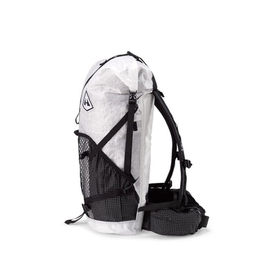 Side view of the Hyperlite Mountain Gear Junction 40 in White showcasing the mesh center exterior pocket & Dyneema® fabric side pockets
