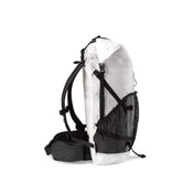 Side view of the Hyperlite Mountain Gear Junction 40 in White showcasing the mesh center exterior pocket & Dyneema® fabric side pockets with compression straps