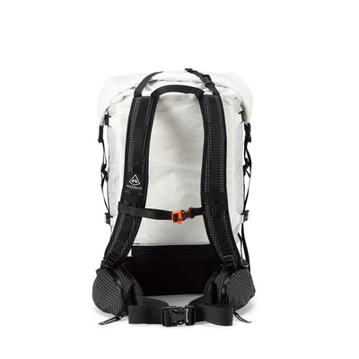Back view of Hyperlite Mountain Gear's Porter 40 Pack in White showing hip belt and straps