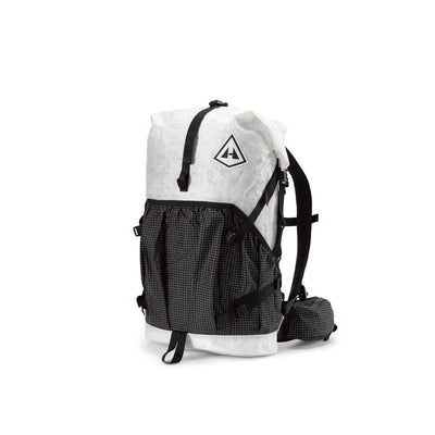 Front view of the White Southwest 40 Pack with black straps and a triangular Hyperlite Mountain Gear logo
