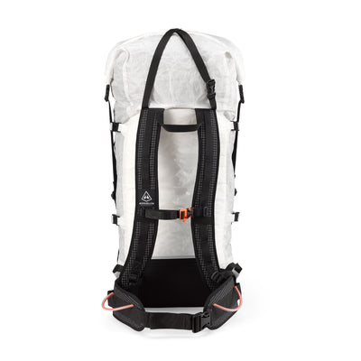 Back view of Hyperlite Mountain Gear's Ice Pack 55 in White