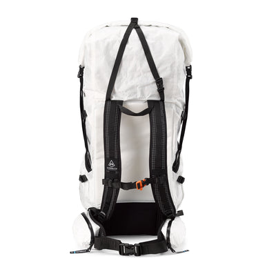 Rear view of the Hyperlite Mountain Gear NorthRim 55 in white showing the hardline with Dyneema® shoulder straps with 3/8” closed cell foam and spacer mesh