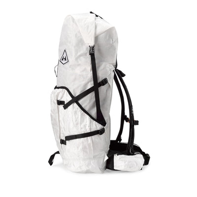 Side view of the Hyperlite Mountain Gear NorthRim 55 in White showing the sturdy 375-Denier DCHW fabric in the external pockets