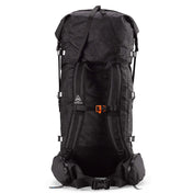 Back view of Hyperlite Mountain Gear's Porter 55 Pack in Black showing hip belt and straps