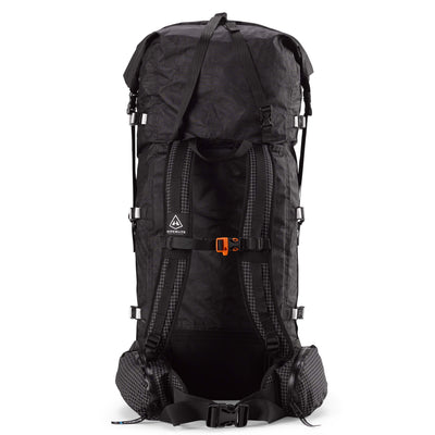 Back view of Hyperlite Mountain Gear's Porter 55 Pack in Black showing hip belt and straps