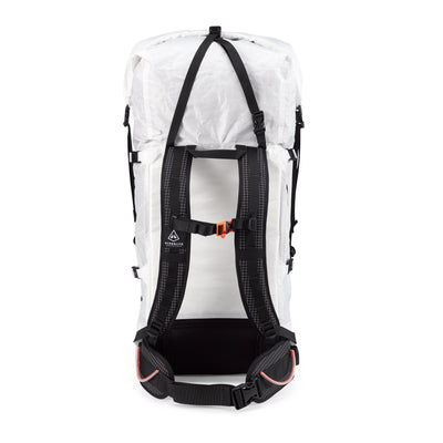Back view of Hyperlite Mountain Gear's Ice Pack 70 in White