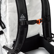 Detail shot of the chest strap and buckle on Hyperlite Mountain Gear's NorthRim 70 Pack in White