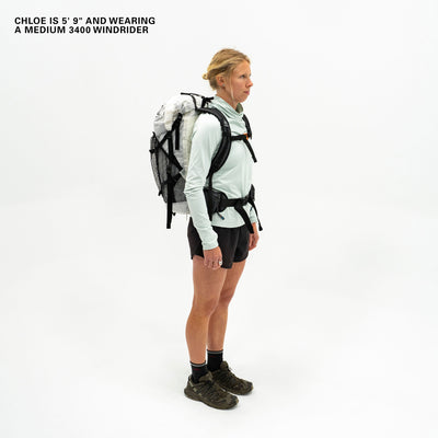 Front view of Hyperlite Mountain Gear's Windrider 70 Pack in White on model