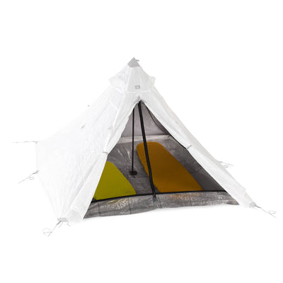 Fornt view of Hyperlite Mountain Gear Shelters UltaMid 2 Insert with DCF11 Floor inside white tent with two sleeping bags inside