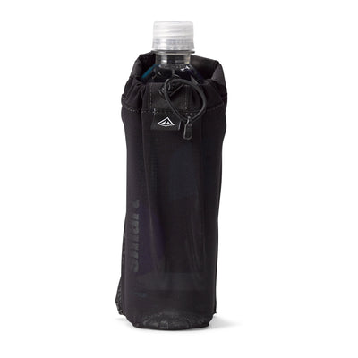 Front view of Hyperlite Mountain Gear's The Bottle Pocket in Black with water bottle inside