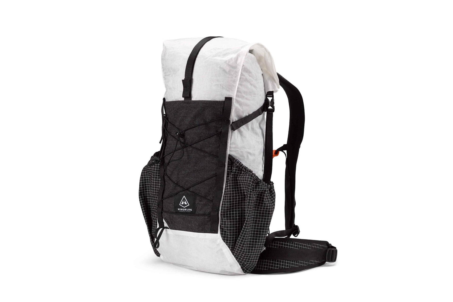 A white and black backpack on a white background.
