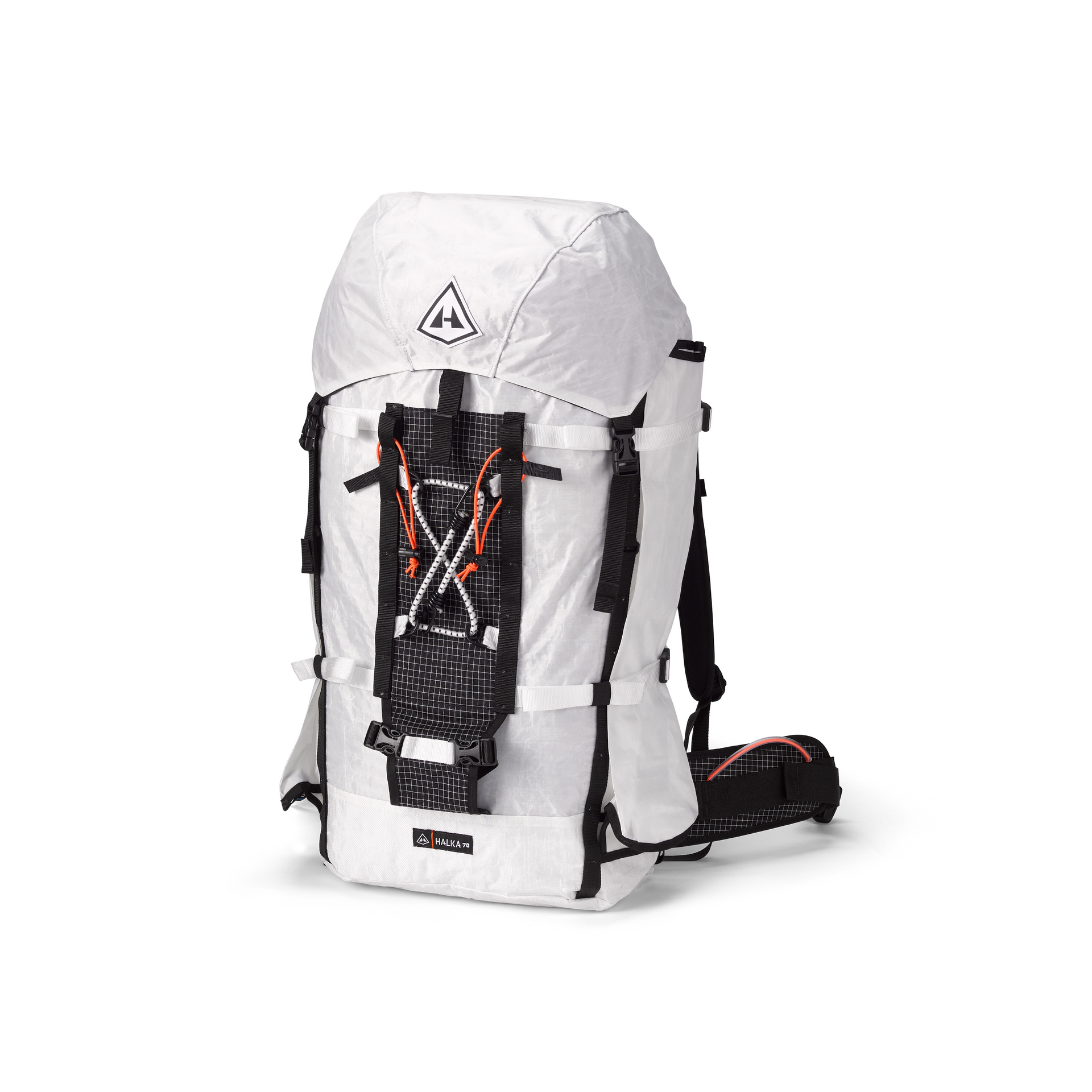 A white backpack with orange straps on it.