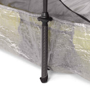 A close up view of the Hyperlite Mountain Gear Tent Pole Jack in action with a trekking pole placed in it to prop up a tent