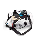 Overhead view of the Hyperlite Mountain Gear 30L Approach Duffel open and filled with gear