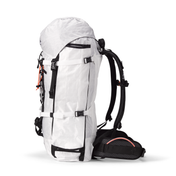 Side view of the Hyperlite Mountain Gear Halka 70 showing one of the external side pockets for a secure carry of oxygen bottles, pickets, wands, etc.