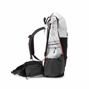 Side view of the Hyperlite Mountain Gear Unbound 40 in White with oversized Hardline with Dyneema® side pockets
