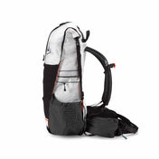 Side view of the Hyperlite Mountain Gear Unbound 40 in White with oversized Hardline with Dyneema® side pockets