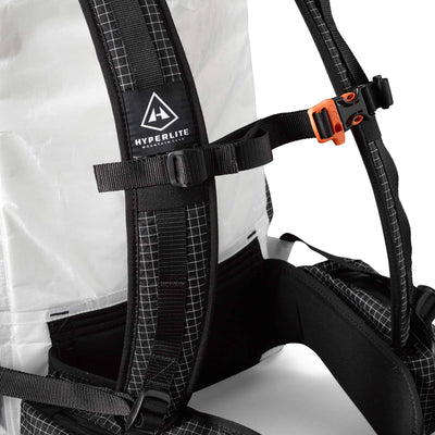 Detail shot of the chest strap and buckle on Hyperlite Mountain Gear's Windrider 55 in White