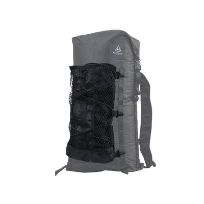 Front view of Hyperlite Mountain Gear's Summit Stuff Pocket in Black on a backpack